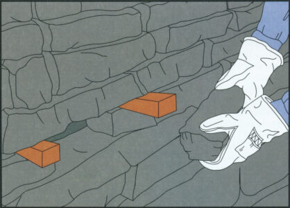 illustration of a person holding a brick for a wall with wedges in between bricks…